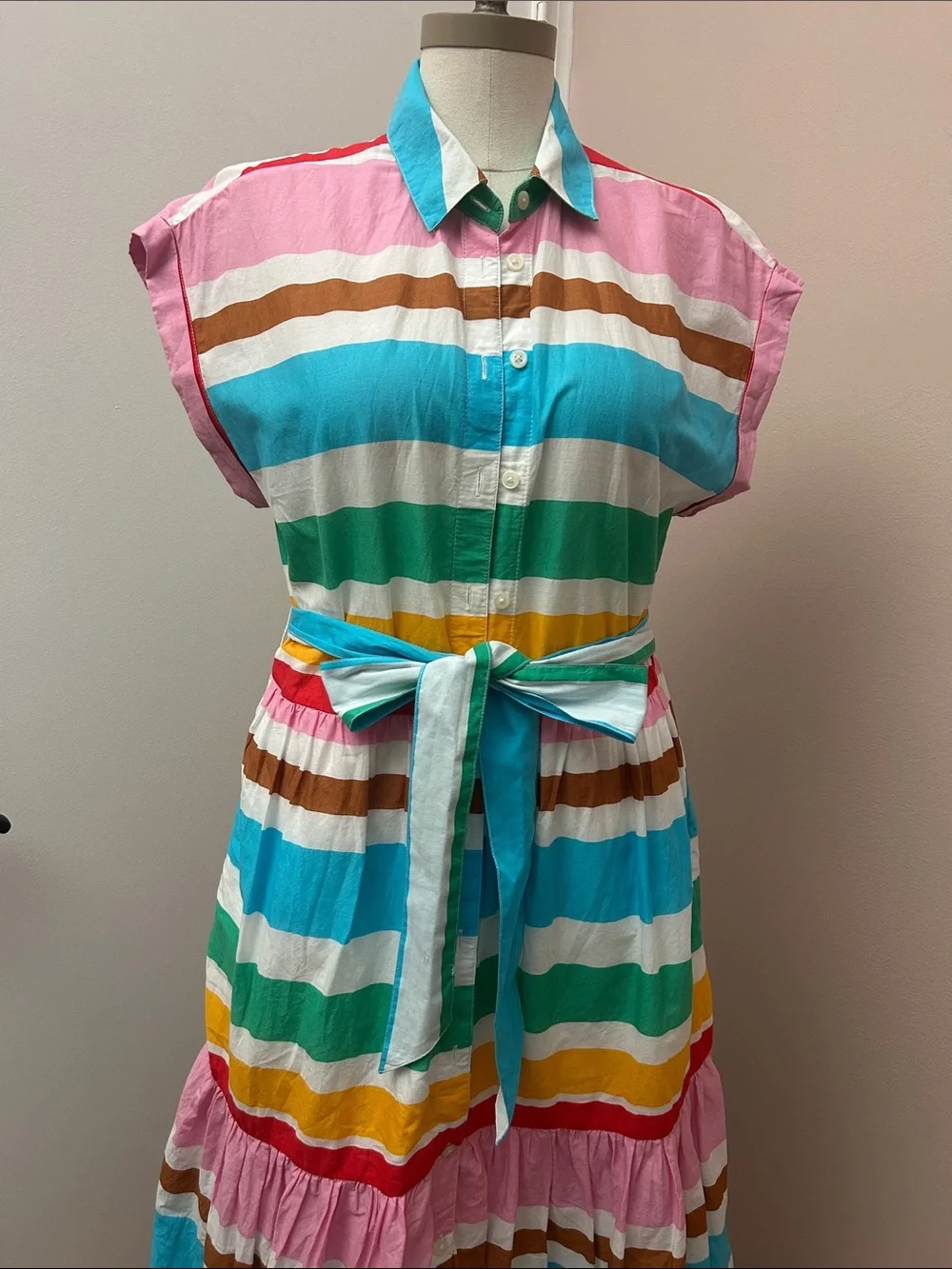Cotton Colorful Striped Button-Up Tie-Waist Maxi Dress size 8